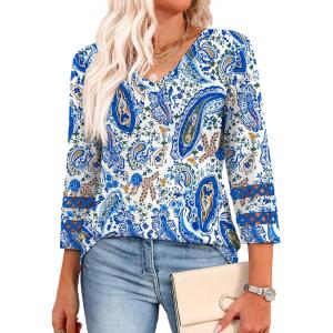 image:imageXIEERDUO 34 Length Sleeve Womens Tops Dressy Casual Blouses for Women 2026 Trendy V Neck T Shirts Summer ClothesZ Blue Floral