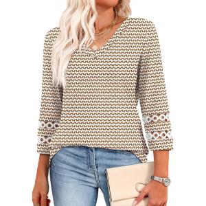 image:imageXIEERDUO 34 Length Sleeve Womens Tops Dressy Casual Blouses for Women 2026 Trendy V Neck T Shirts Summer ClothesZ Brown Geometry