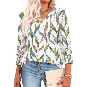 image:imageXIEERDUO 34 Length Sleeve Womens Tops Dressy Casual Blouses for Women 2026 Trendy V Neck T Shirts Summer ClothesZ Colorful Leaf