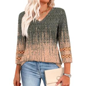 image:imageXIEERDUO 34 Length Sleeve Womens Tops Dressy Casual Blouses for Women 2026 Trendy V Neck T Shirts Summer ClothesZ Grey Coral
