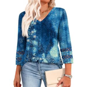 image:imageXIEERDUO 34 Length Sleeve Womens Tops Dressy Casual Blouses for Women 2026 Trendy V Neck T Shirts Summer ClothesZ Navy Printed