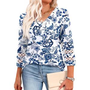 image:imageXIEERDUO 34 Length Sleeve Womens Tops Dressy Casual Blouses for Women 2026 Trendy V Neck T Shirts Summer ClothesZ White Printed
