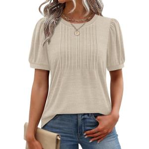 image:imageXIEERDUO Womens Tops Summer Short Sleeve Dressy Casual Blouses Business Trendy Tunic Pleated Shirts Fashion Clothes 2026Apricot