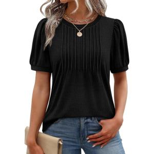 image:imageXIEERDUO Womens Tops Summer Short Sleeve Dressy Casual Blouses Business Trendy Tunic Pleated Shirts Fashion Clothes 2026Black