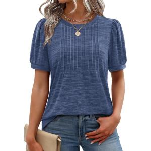 image:imageXIEERDUO Womens Tops Summer Short Sleeve Dressy Casual Blouses Business Trendy Tunic Pleated Shirts Fashion Clothes 2026Blue