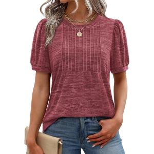 image:imageXIEERDUO Womens Tops Summer Short Sleeve Dressy Casual Blouses Business Trendy Tunic Pleated Shirts Fashion Clothes 2026Burgundy