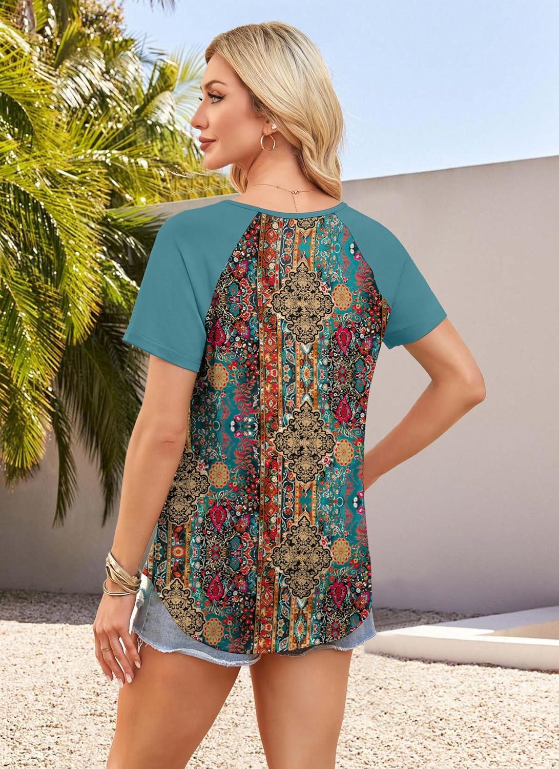image:imageXIEERDUO Summer Tops Short Sleeve Boho Shirts Raglan Spring Outfits Fashion Clothing Resort Wear for Women 2026Boho Multicolor
