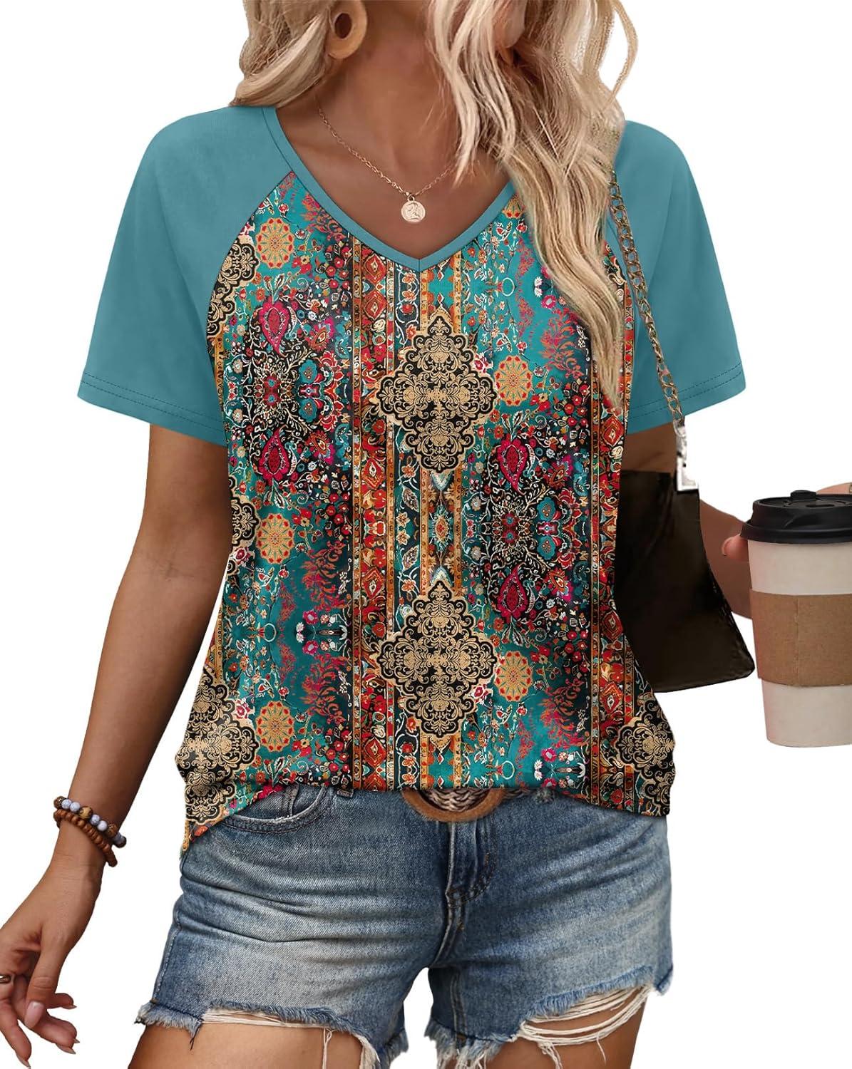 image:imageXIEERDUO Summer Tops Short Sleeve Boho Shirts Raglan Spring Outfits Fashion Clothing Resort Wear for Women 2026Boho Multicolor