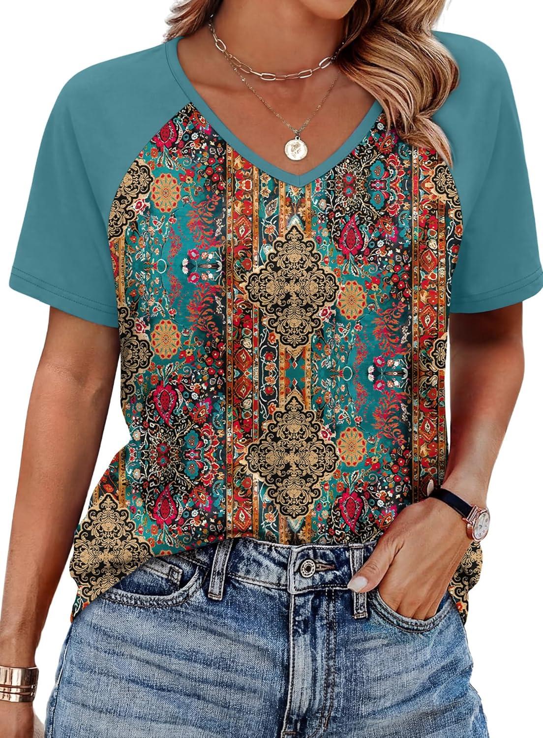 image:imageXIEERDUO Summer Tops Short Sleeve Boho Shirts Raglan Spring Outfits Fashion Clothing Resort Wear for Women 2026Boho Multicolor