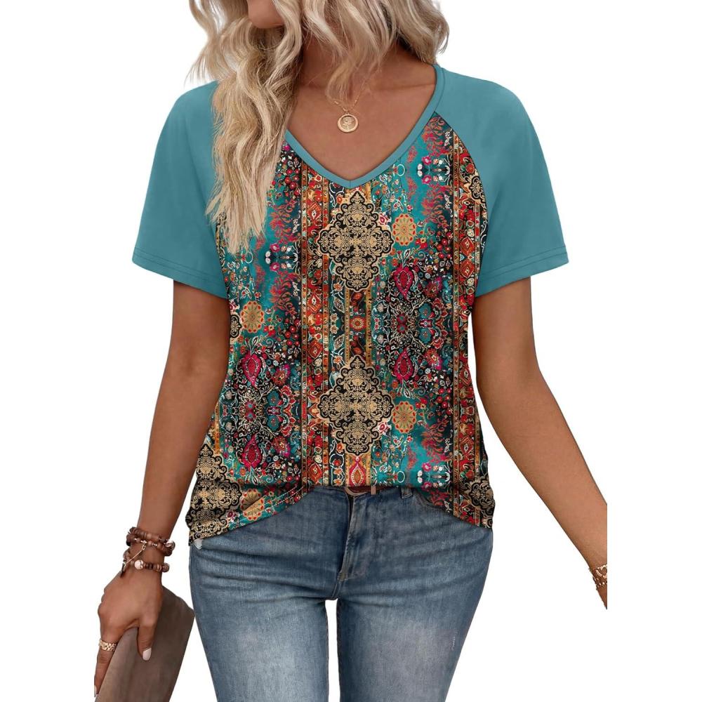 image:imageXIEERDUO Summer Tops Short Sleeve Boho Shirts Raglan Spring Outfits Fashion Clothing Resort Wear for Women 2026Boho Multicolor