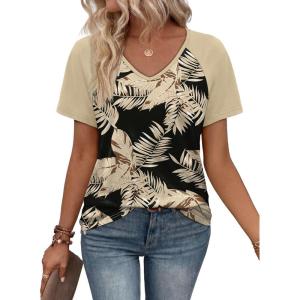image:imageXIEERDUO Summer Tops Short Sleeve Boho Shirts Raglan Spring Outfits Fashion Clothing Resort Wear for Women 2026Black Beige Tropical Leaves