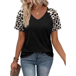 image:imageXIEERDUO Summer Tops Short Sleeve Boho Shirts Raglan Spring Outfits Fashion Clothing Resort Wear for Women 2026Black Leopard