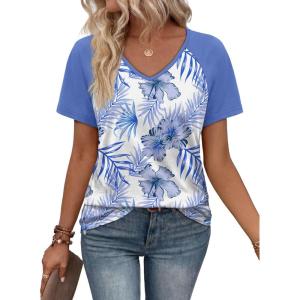 image:imageXIEERDUO Summer Tops Short Sleeve Boho Shirts Raglan Spring Outfits Fashion Clothing Resort Wear for Women 2026Blue Leaf