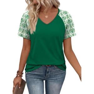 image:imageXIEERDUO Summer Tops Short Sleeve Boho Shirts Raglan Spring Outfits Fashion Clothing Resort Wear for Women 2026Green Print