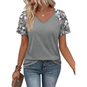 image:imageXIEERDUO Summer Tops Short Sleeve Boho Shirts Raglan Spring Outfits Fashion Clothing Resort Wear for Women 2026Grey Print