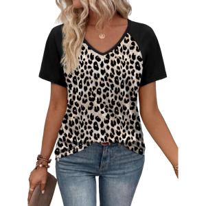 image:imageXIEERDUO Summer Tops Short Sleeve Boho Shirts Raglan Spring Outfits Fashion Clothing Resort Wear for Women 2026Leopard Black