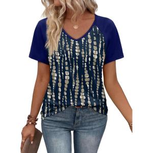 image:imageXIEERDUO Summer Tops Short Sleeve Boho Shirts Raglan Spring Outfits Fashion Clothing Resort Wear for Women 2026Navy Blue Line
