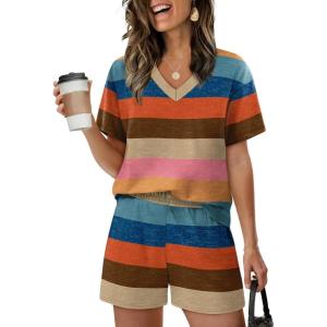 image:imageXIEERDUO Lounge Sets for Women Shorts Lightweight Summer Pajamas Set Sleepwear 2 Piece Sets Airport Vacation OutfitsCcolorful Stripe 2