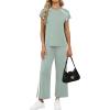 image:imageXIEERDUO 2 Piece Sets for Women Crew Neck Travel Airport Outfits Summer Fashion Clothing Cap Sleeve Tops Wide Legs Pants SetSage Green