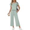 image:imageXIEERDUO 2 Piece Sets for Women Crew Neck Travel Airport Outfits Summer Fashion Clothing Cap Sleeve Tops Wide Legs Pants SetSage Green