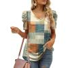 image:imageXIEERDUO Womens Summer Shirt V Neck Casual Tshirts Puff Sleeve Tops for Women Solid Color XS3XL21brown Geometry