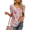 image:imageXIEERDUO Womens Summer Shirt V Neck Casual Tshirts Puff Sleeve Tops for Women Solid Color XS3XL21pink Printed