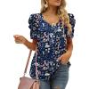 image:imageXIEERDUO Womens Summer Shirt V Neck Casual Tshirts Puff Sleeve Tops for Women Solid Color XS3XL23deepblue Floral