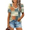 image:imageXIEERDUO Womens Summer Shirt V Neck Casual Tshirts Puff Sleeve Tops for Women Solid Color XS3XL21brown Geometry