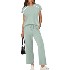 image:imageXIEERDUO 2 Piece Sets for Women Crew Neck Travel Airport Outfits Summer Fashion Clothing Cap Sleeve Tops Wide Legs Pants SetSage Green
