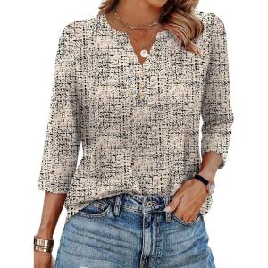 image:imageXIEERDUO 34 Length Sleeve Womens Tops Fashion Clothing V Neck T Shirts Dressy Blouses Business Casual Outfits Tunic TopsBbeige Print