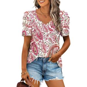 image:imageXIEERDUO Womens Summer Shirt V Neck Casual Tshirts Puff Sleeve Tops for Women Solid Color XS3XL21pink Printed