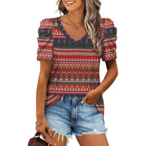 image:imageXIEERDUO Womens Summer Shirt V Neck Casual Tshirts Puff Sleeve Tops for Women Solid Color XS3XL22red Boho