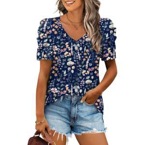 image:imageXIEERDUO Womens Summer Shirt V Neck Casual Tshirts Puff Sleeve Tops for Women Solid Color XS3XL23deepblue Floral