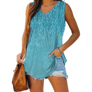 image:imageXIEERDUO Womens Tank Tops V Neck Basic Solid Color Casual Flowy Summer SleevelessBlue Line Gradient Print