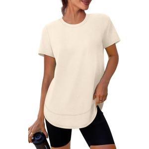 image:imageXIEERDUO Womens Workout Tops Short Sleeve Shirts Quick Dry Outfits for Hiking Running S3XL07 Apricot Cream White