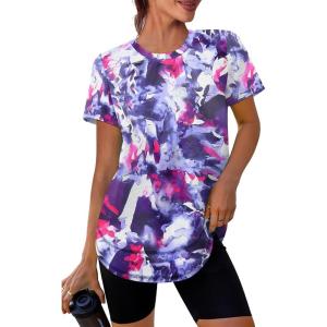 image:imageXIEERDUO Womens Workout Tops Short Sleeve Shirts Quick Dry Outfits for Hiking Running S3XL13 Tie Dye Purple Floral