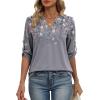image:imageXIEERDUO 34 Length Sleeve Womens Tops V Neck T Shirts Both Side Buttons Blouses Business Casual Outfits Loose FitZ Floral Grey