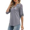 image:imageXIEERDUO 34 Length Sleeve Womens Tops V Neck T Shirts Both Side Buttons Blouses Business Casual Outfits Loose FitZ Floral Grey