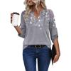 image:imageXIEERDUO 34 Length Sleeve Womens Tops V Neck T Shirts Both Side Buttons Blouses Business Casual Outfits Loose FitZ Floral Grey