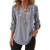 image:imageXIEERDUO 34 Length Sleeve Womens Tops V Neck T Shirts Both Side Buttons Blouses Business Casual Outfits Loose FitZ Floral Grey