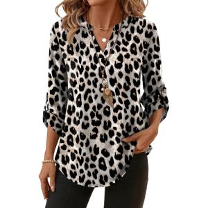 image:imageXIEERDUO 34 Length Sleeve Womens Tops V Neck T Shirts Both Side Buttons Blouses Business Casual Outfits Loose FitZ Leopard Print