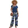 image:imageXIEERDUO Womens 2 Piece Sets Summer Beach Vacation Cruise Travel Outfits Printed Wide Leg Pant V Neck Cap Sleeve TopsPalm Flowers
