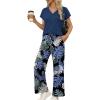 image:imageXIEERDUO Womens 2 Piece Sets Summer Beach Vacation Cruise Travel Outfits Printed Wide Leg Pant V Neck Cap Sleeve TopsPalm Flowers