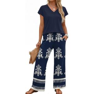 image:imageXIEERDUO Womens 2 Piece Sets Summer Beach Vacation Cruise Travel Outfits Printed Wide Leg Pant V Neck Cap Sleeve TopsEthnic Pattern