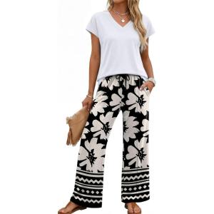 image:imageXIEERDUO Womens 2 Piece Sets Summer Beach Vacation Cruise Travel Outfits Printed Wide Leg Pant V Neck Cap Sleeve TopsFlower Pattern