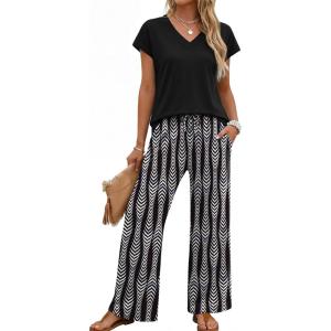 image:imageXIEERDUO Womens 2 Piece Sets Summer Beach Vacation Cruise Travel Outfits Printed Wide Leg Pant V Neck Cap Sleeve TopsLeaf Pattern
