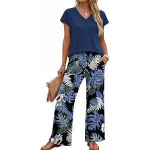 image:imageXIEERDUO Womens 2 Piece Sets Summer Beach Vacation Cruise Travel Outfits Printed Wide Leg Pant V Neck Cap Sleeve TopsPalm Flowers