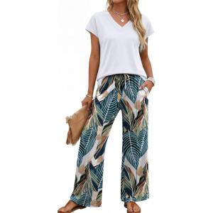 image:imageXIEERDUO Womens 2 Piece Sets Summer Beach Vacation Cruise Travel Outfits Printed Wide Leg Pant V Neck Cap Sleeve TopsPalm Leaves
