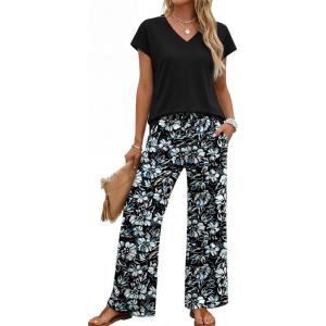 image:imageXIEERDUO Womens 2 Piece Sets Summer Beach Vacation Cruise Travel Outfits Printed Wide Leg Pant V Neck Cap Sleeve TopsResort Print