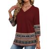image:imageXIEERDUO 34 Length Sleeve Womens Tops V Neck T Shirts Summer Clothes Basic Blouses Dressy Casual 2026 Spring OutfitsPatternedboho Burgundy Print